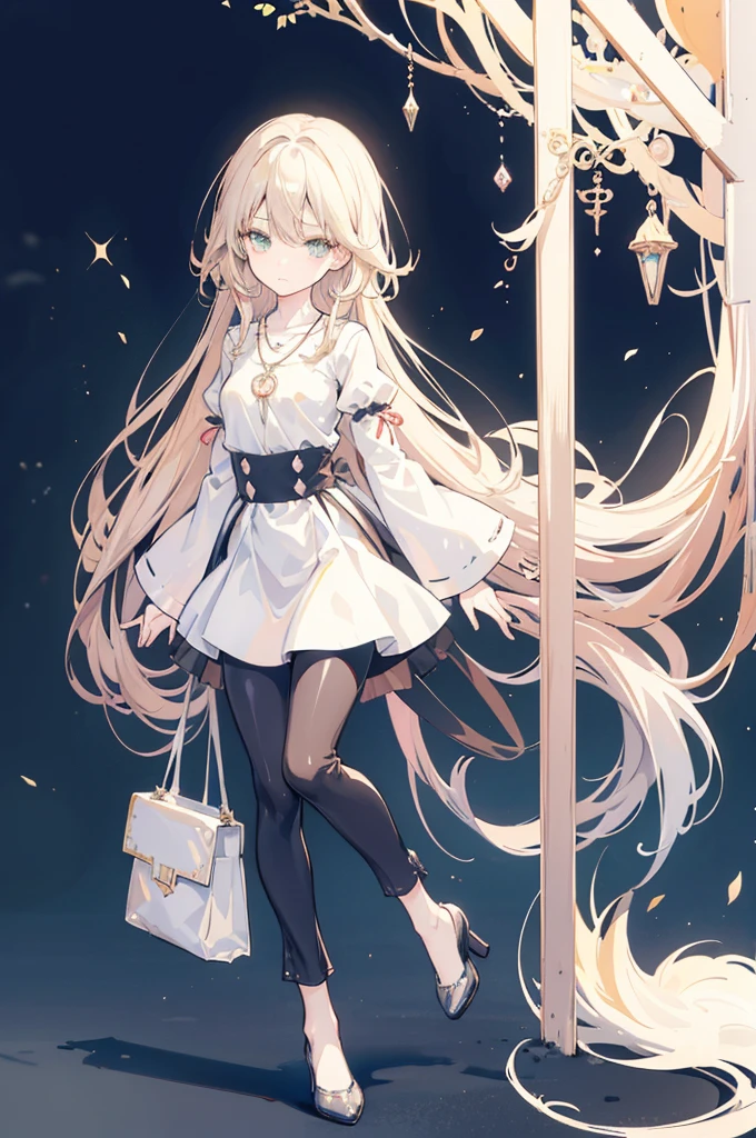 {{masterpiece}}, The best quality of life, Highly detailed CG Unity 8k wallpaper、Anime Girls with brown long hair and white blouse and black pants, Cute girl anime visuals,(White blouse with flared sleeves、Black high waist skinny pants,Black pumps), Anime full body illustration, Anime Moe Art Style, Anime characters, (Anime Girls)、(Green Eyes）、Expressionless woman、Small Necklace