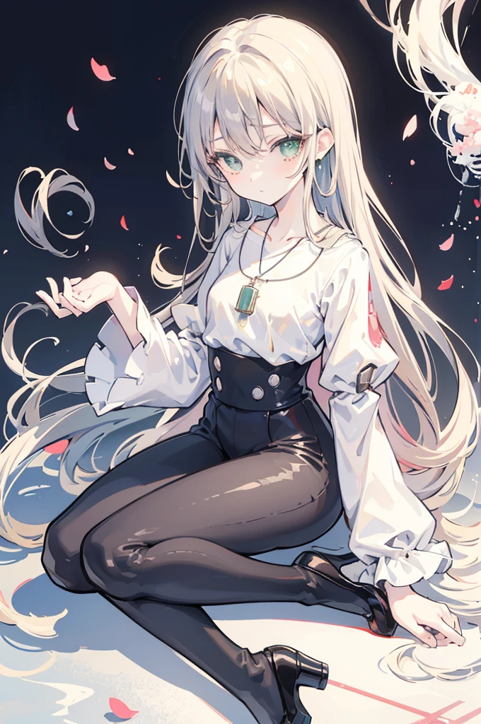 {{masterpiece}}, The best quality of life, Highly detailed CG Unity 8k wallpaper、Anime Girls with brown long hair and white blouse and black pants, Cute girl anime visuals,(White blouse with flared sleeves、Black high waist skinny pants,Black pumps), Anime full body illustration, Anime Moe Art Style, Anime characters, (Anime Girls)、(Green Eyes)、Expressionless woman、Small Necklace
