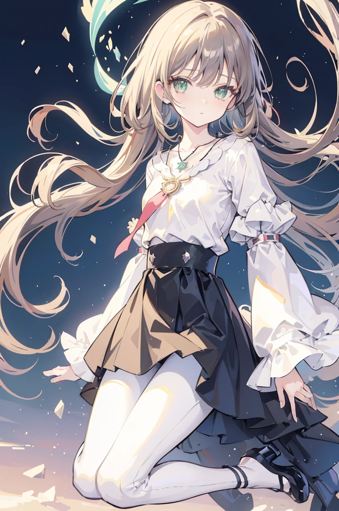 {{masterpiece}}, The best quality of life, Highly detailed CG Unity 8k wallpaper、Anime Girls with brown long hair and white blouse and black pants, Cute girl anime visuals,(White blouse with flared sleeves、Black high waist skinny pants,Black pumps), Anime full body illustration, Anime Moe Art Style, Anime characters, (Anime Girls)、(Green Eyes）、Expressionless woman、Small Necklace