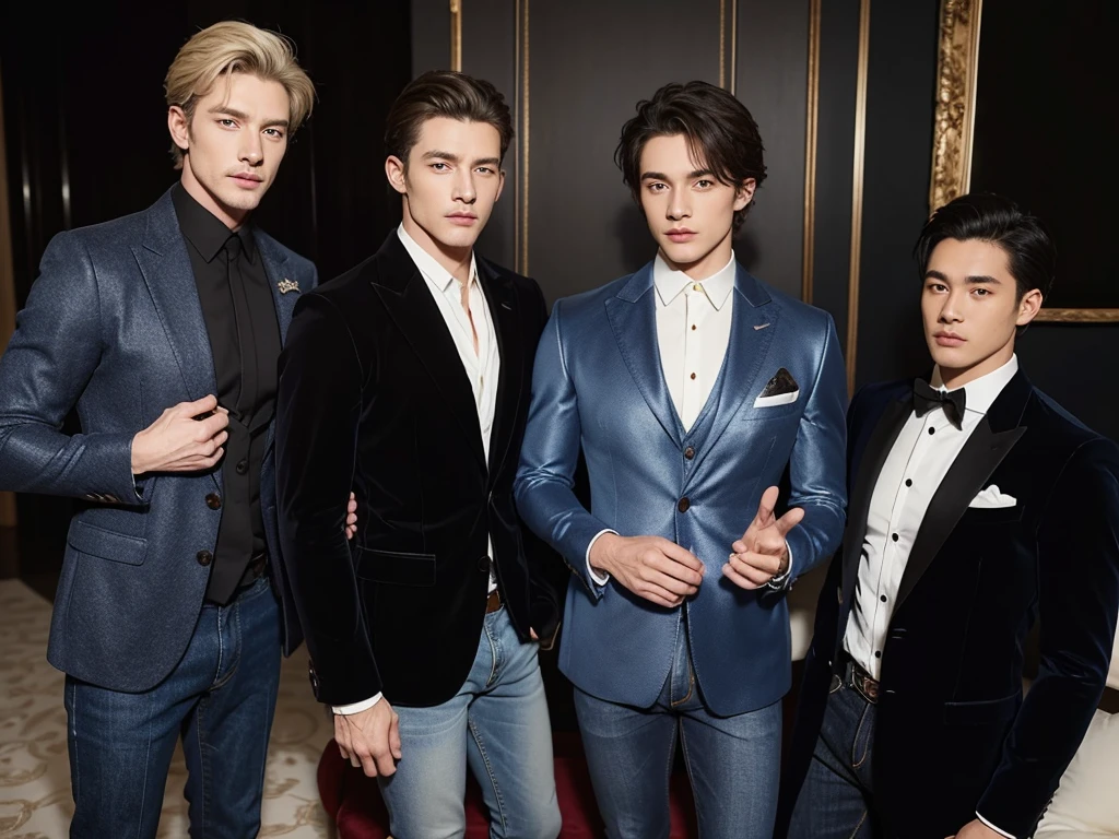 In men's fashion, a velvet suit jacket is a good choice for styling. It is recommended to choose luxurious materials such as bleached cotton and cashmere for knitwear or shirt. It is better to match jeans with raw or classic denim. Make sure to draw only two arms and two legs, and do not draw anatomically wrong pictures.