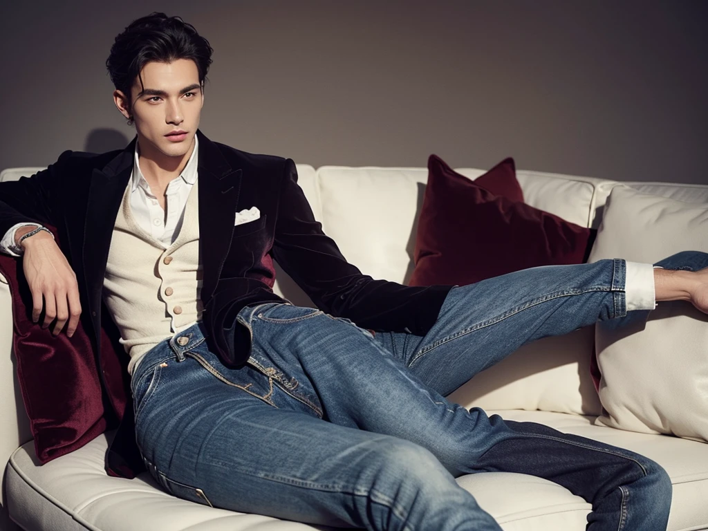 In men's fashion, a velvet suit jacket is a good choice for styling. It is recommended to choose luxurious materials such as bleached cotton and cashmere for knitwear or shirt. It is better to match jeans with raw or classic denim. Make sure to draw only two arms and two legs, and do not draw anatomically wrong pictures.