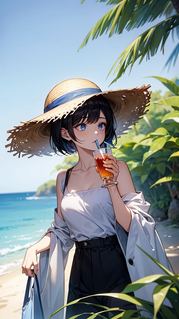 Woman drinking a drink、Black Hair、blue eyes、Short Hair、Straw hat