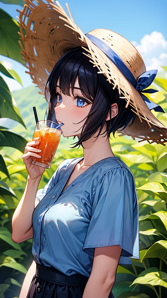 Woman drinking a drink、Black Hair、blue eyes、Short Hair、Straw hat