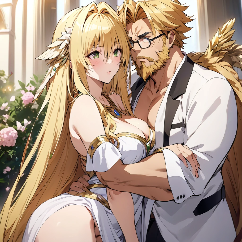 ((Highest quality)), ((masterpiece)), (detailed), (Perfect Face)、Woman is a goddess named Hera wearing a white ancient Greek Doric chiton々Hera, the goddess of marriage and wife of Zeus, king of the gods、The woman is the goddess Hera, the queen of the one and only god Zeus. She has green eyes, blonde medium-long hair, is wearing a white ancient Greek Doric chiton, an engagement ring, and luxurious accessories. She is an elegant goddess, the graceful and beautiful queen of the gods.、As the goddess Hera, the woman loved Zeus and served him as his wife.、The dignified, bearded, elderly god Zeus is wearing a white ancient Greek Doric chiton and embracing a woman named Hera in love