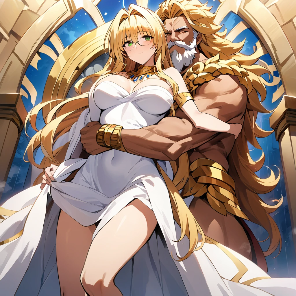 ((Highest quality)), ((masterpiece)), (detailed), (Perfect Face)、A woman is a goddess, both in mind and body, who became the goddess Hera in Greek mythology.々Hera, the wife of Zeus, king of the gods, is a goddess and queen who happily hugs and snuggles with a man.、The woman was the queen of Zeus, the goddess Hera. She had green eyes, blonde medium-long hair, was wearing a gorgeous white ancient Greek Doric chiton, an engagement ring, and gorgeous accessories. She was an elegant, graceful, and beautiful goddess, Hera, the wife of Zeus.、A woman is embracing and cuddling the majestic, bearded, elderly god Zeus, wearing a white ancient Greek Doric chiton, on a magnificent throne in a temple、The man is a bearded old man wearing a dignified white ancient Greek Doric chiton, the god Zeus, embracing a woman