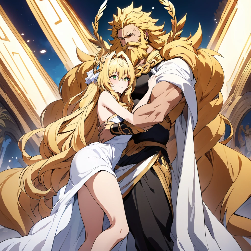 ((Highest quality)), ((masterpiece)), (detailed), （Perfect Face）、A woman is a goddess, both in mind and body, who became the goddess Hera in Greek mythology.々Hera, the wife of Zeus, king of the gods, is a goddess and queen who happily hugs and snuggles with a man.、The woman was the queen of Zeus, the goddess Hera. She had green eyes, blonde medium-long hair, was wearing a gorgeous white ancient Greek Doric chiton, an engagement ring, and gorgeous accessories. She was an elegant, graceful, and beautiful goddess, Hera, the wife of Zeus.、A woman is embracing and cuddling the majestic, bearded, elderly god Zeus, wearing a white ancient Greek Doric chiton, on a magnificent throne in a temple、The man is a bearded old man wearing a dignified white ancient Greek Doric chiton, the god Zeus, embracing a woman