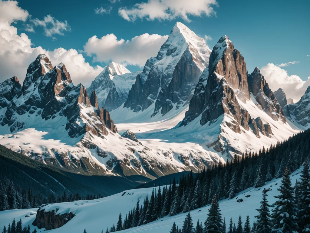 A majestic snow-capped mountain, dramatic cloudy sky, lush green forest, detailed rocky terrain, epic landscape