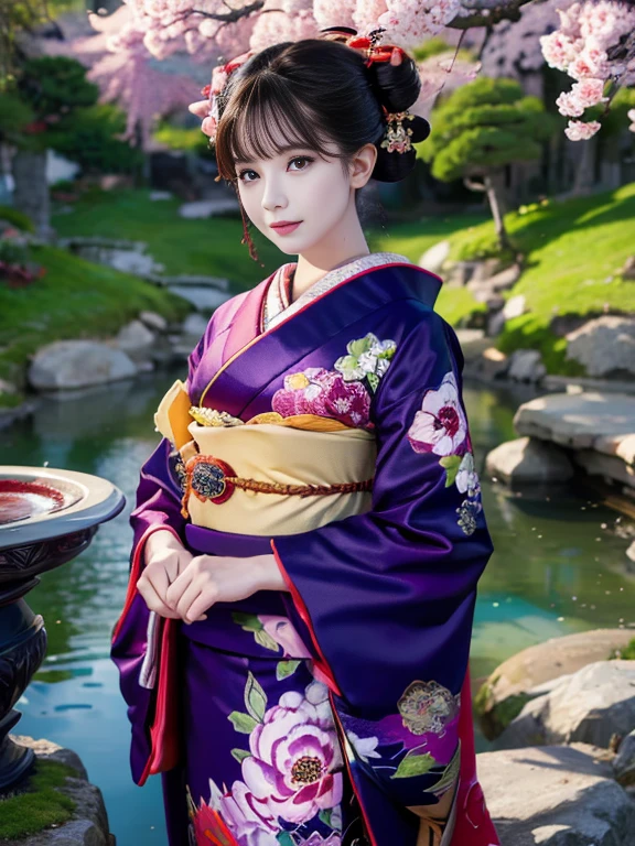 (Highest quality、 8k 、masterpiece、High resolution)、 Japanese painting、Vibrant colors、Detailed Description、A woman wearing a kimono、Dynamic painting technique,、Colorful peonies、Japanese garden、cherry blossoms、Official Art、