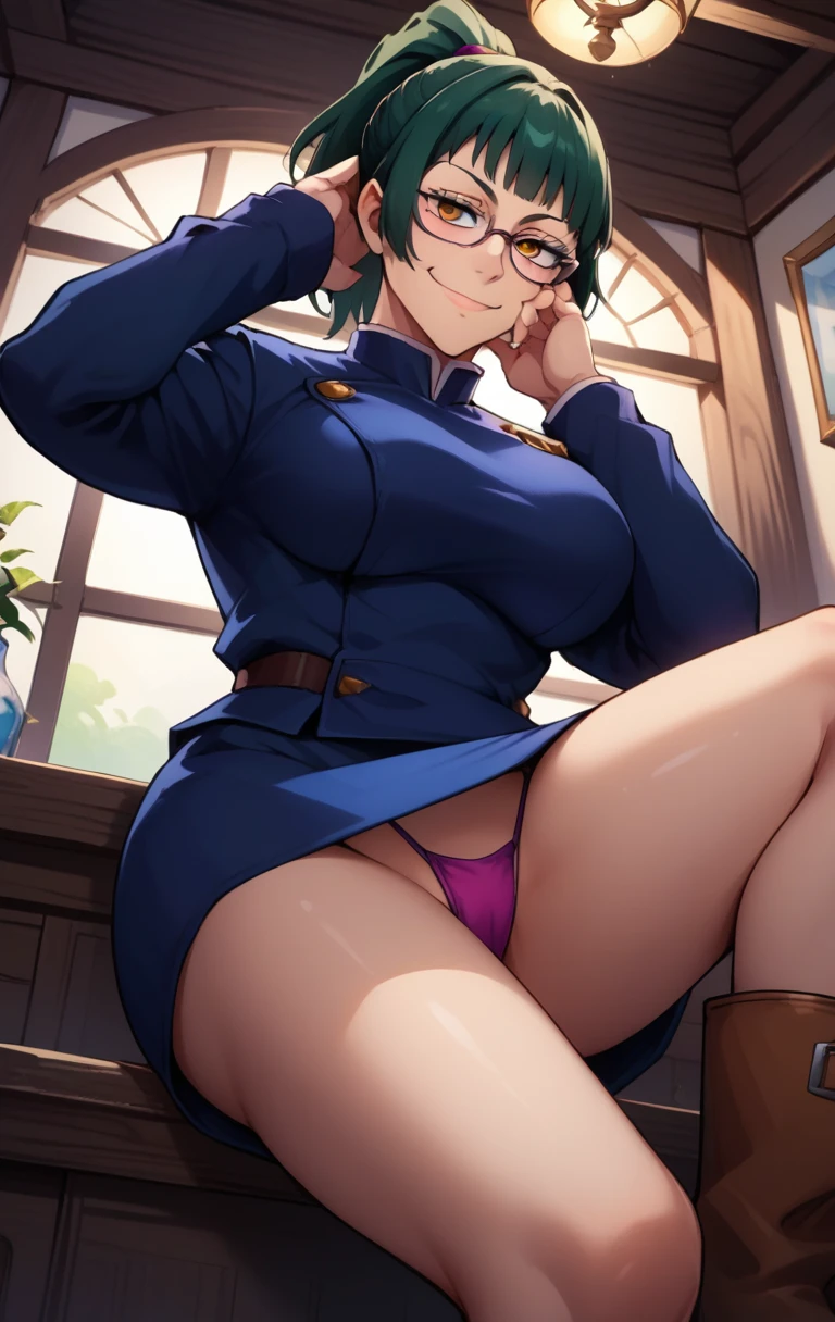 score_9, score_8_up, score_7_up, score_9, source_anime, BREAK MakizeninSDXL, 1girl, solo, , looking at viewer, smile, short hair, bangs, skirt, large breastssleeves, closed mouth, , jacket, golden eyes, ponytail, boots, green hair, glasses, indoors, blue skirt, from below, hand on own face, backlighting, hand on own cheek, point of view from below, nsfw, sexy legs, bigutes, POV, Spreading Legs pink thong, micro thong