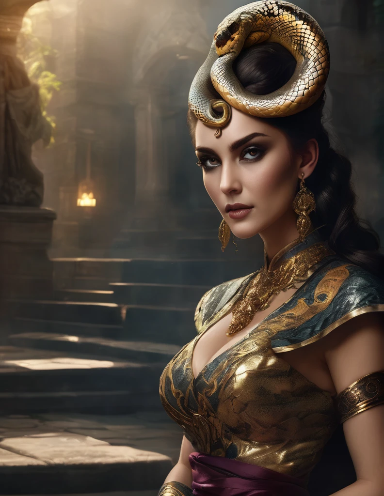 (Full body) ​masterpiece, 4K,8K, Ultra-detail, very fine facial features, beautiful face (detailled eyes) Greek futuristic goddess. Half woman, Half Snake, perfect figure, perfect anatomy, with a trident in his hand. Looks evil and seductive.
