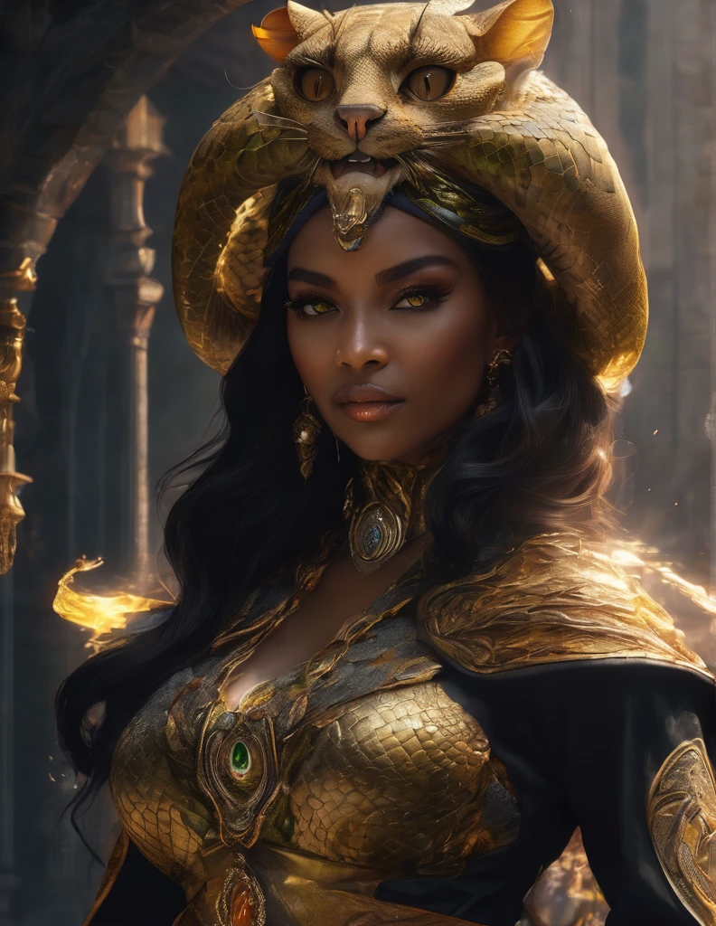 elegant snake priestess, serpentine features, mesmerizing golden eyes with slit pupils, delicate yet stern facial features, hidden venomous fangs, ebony serpent scales visible on her arms, hips, abdomen, regal yet practical robed attire, feline grace with an underlying tension, embodiment of ancient Stygian mysticism, magic and mystery, (best quality,4k,8k,highres,masterpiece:1.2),ultra-detailed,(realistic,photorealistic,photo-realistic:1.37), dark fantasy, cinematic lighting, dramatic colors, atmospheric, chiaroscuro