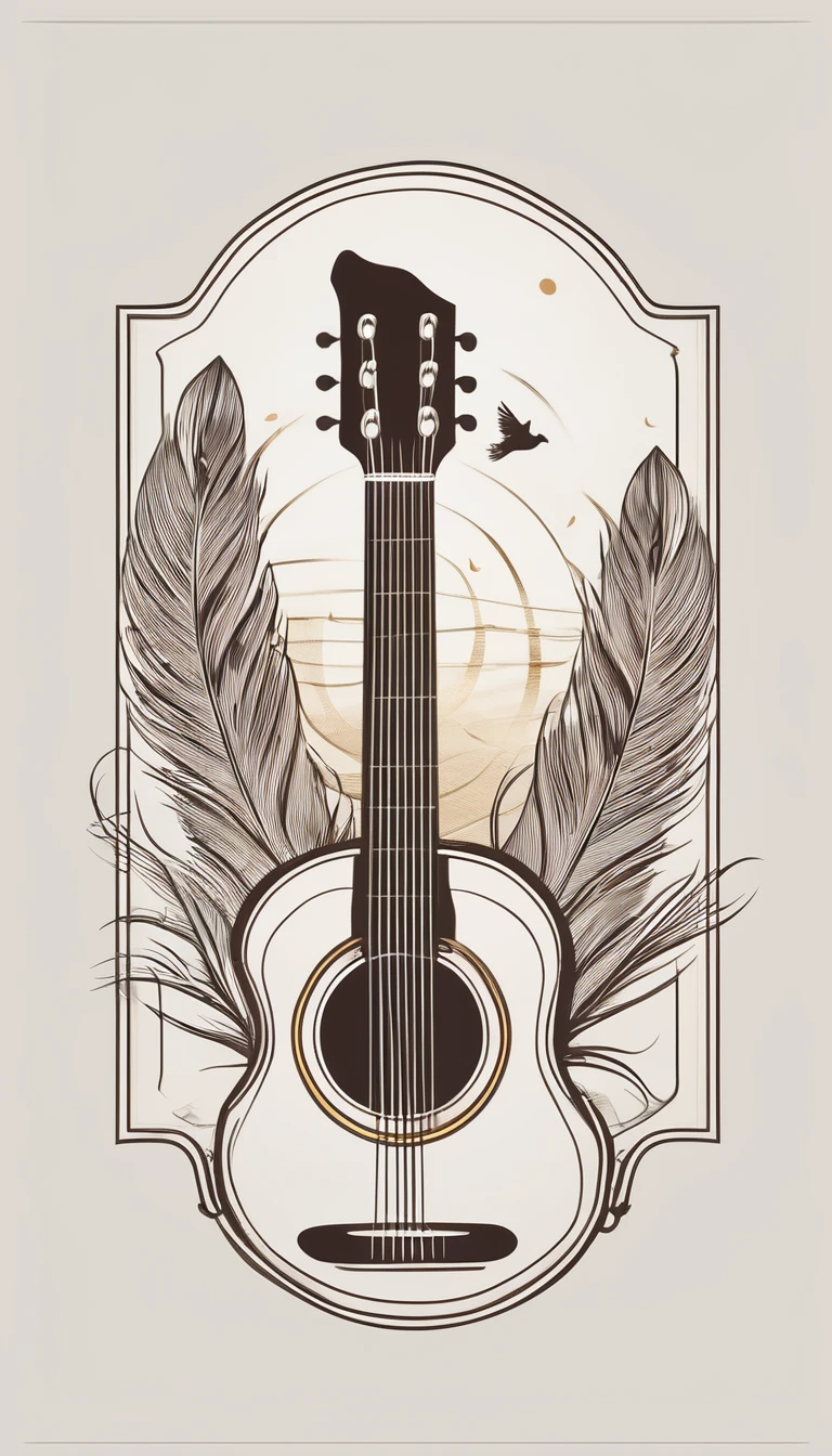 A minimal, modern, simple, cinematic logotype for the brand “Penamemoria". The logo design must be a simple, magical feather and a boy playing acoustic guitar. The logo must convey a sense of music, stories and dreams. Logo design impressed on a book cover. Minimalistic logo