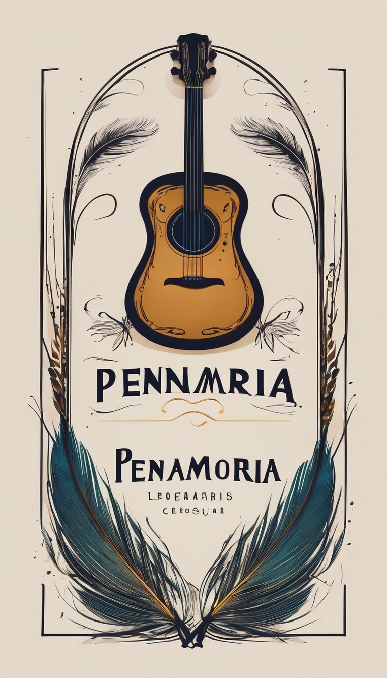 A minimal, modern, simple, cinematic logotype for the brand “Penamemoria". The logo design must be a simple, magical feather and a boy playing acoustic guitar. The logo must convey a sense of music, stories and dreams. Logo design impressed on a book cover. Minimalistic logo