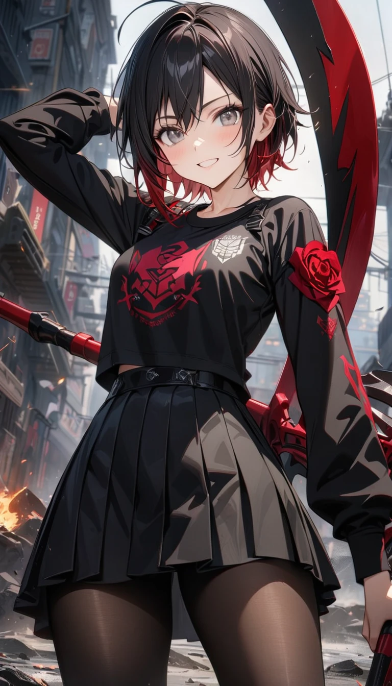 Young girl, short black hair with red tips, gray eyes, smile, black battle shirt, long sleeves, black skirt, nylon tights, red elements, Ruby Rose, rose emblem, battle scythe, Masterpiece, best quality, Full HD, 8k, ultra details, great graphic
