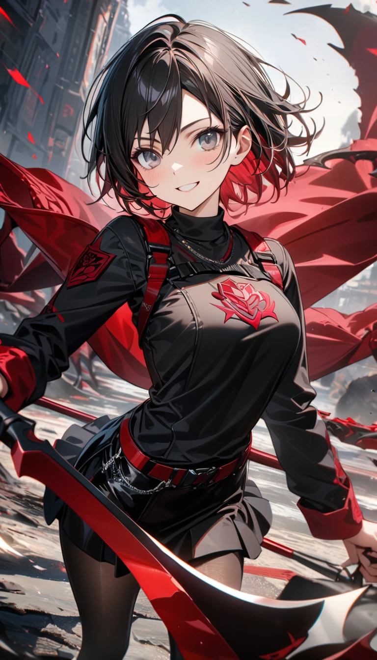 Young girl, short black hair with red tips, gray eyes, smile, black battle shirt, long sleeves, black skirt, nylon tights, red elements, Ruby Rose, rose emblem, battle scythe, Masterpiece, best quality, Full HD, 8k, ultra details, great graphic