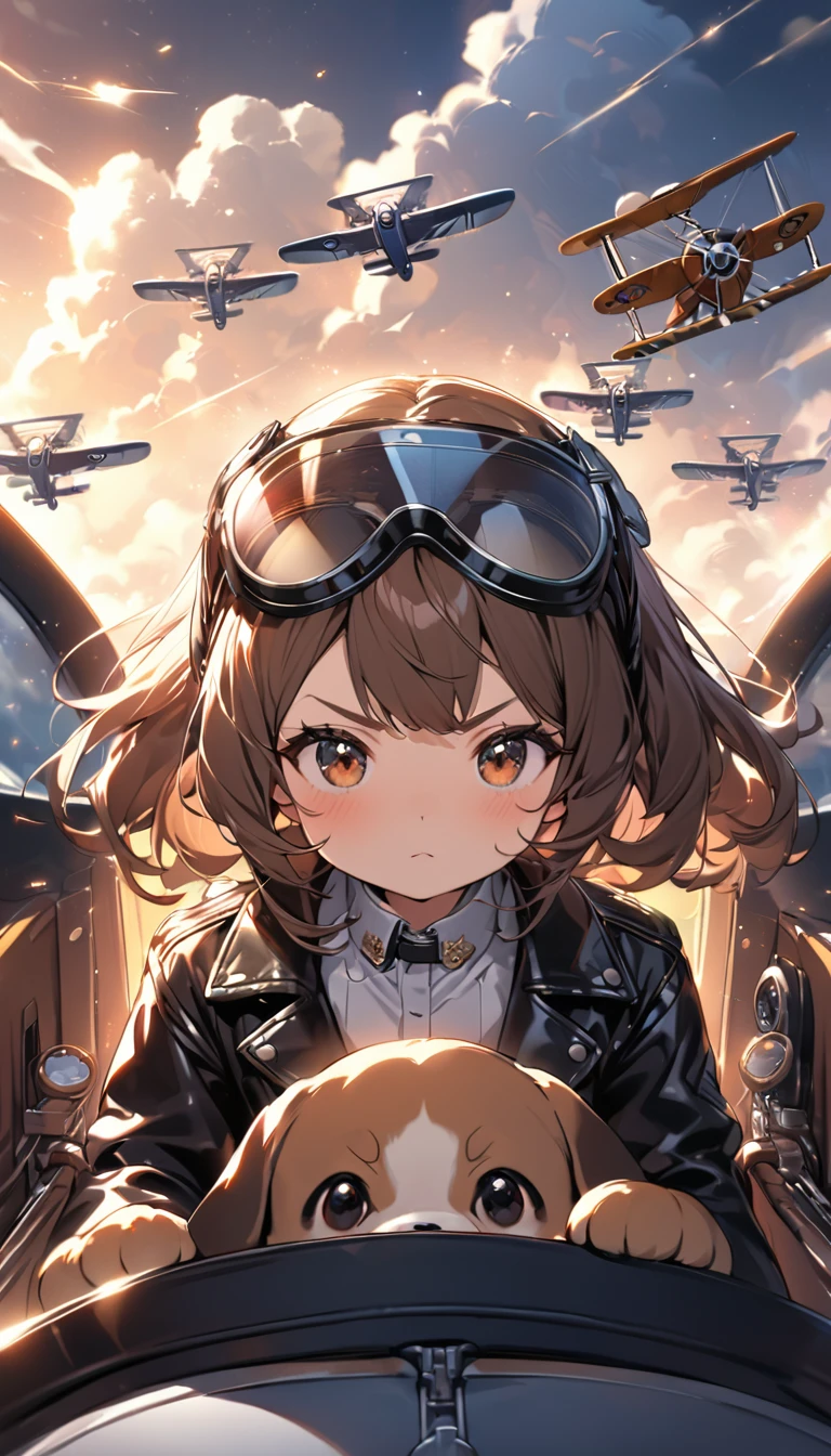 Highest quality, Highest quality, 16K, software, Unbelievably absurd, Very detailed, delicate and dynamic, Natural light, The particles reflect light beautifully, Diffuse reflection of light, Vortex of Light, Aerial, , cumulonimbus, , Create amazing image effects, Body close-up, biplane, (Cute Puppy,,,Serious,, Biplane pilot, Leather jacket,, Sit in the cockpit, Puppy pilots biplane)