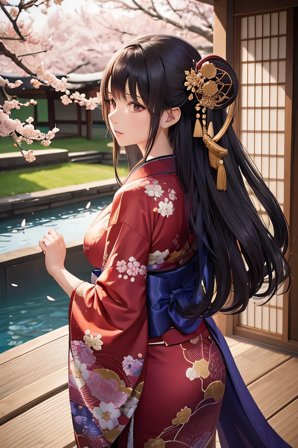 Create an image of Ono no Komachi, the legendary Japanese poet. She should be depicted with her iconic beauty and elegance. Ono no Komachi is dressed in an exquisite Heian-era kimono with flowing layers of rich silk in shades of deep red, purple, and gold, adorned with intricate floral patterns. Her hair is styled in a traditional Heian manner, long and straight, cascading down her back. She has a serene and contemplative expression, reflecting her poetic brilliance. The background should feature elements of classical Japan, such as a tranquil Japanese garden with cherry blossoms or a serene pond, or a traditional wooden pavilion, providing a sense of cultural and historical authenticity.