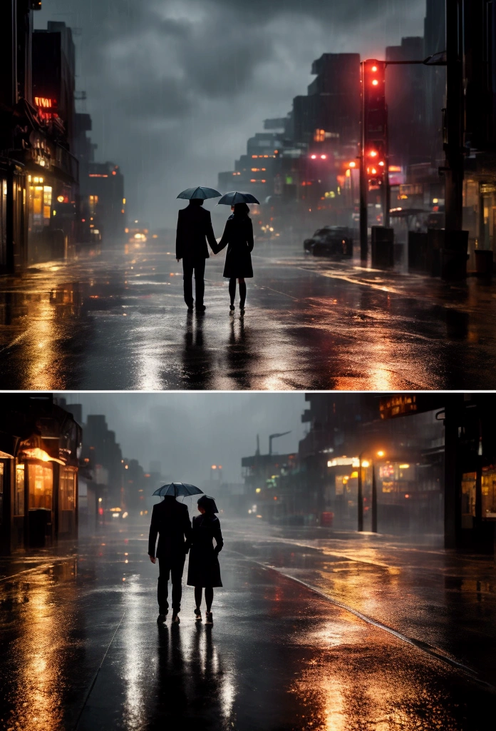 Cinematic scene of a couple standing close together in the rain in a neon-lit city at night. The couple is having a sweet moment, Put your forehead together、close your eyes. background, Blurred city lights and wet roads make neon signs stand out。. The atmosphere is moody and romantic, Raindrops falling all around. Attention to detail, Realistic lighting, Soft Focus.