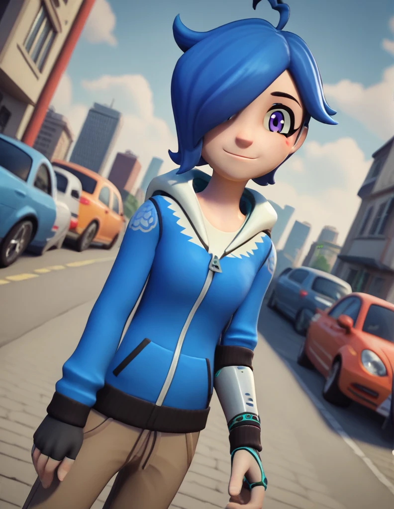 score_9, score_8_up, score_7_up, source_anime,
turboartificialrapidintelligence, turbo artificial rapid intelligence, blue hair,hair over one eye, purple eyes, 3d,
hood, hoodie,
outside, street, city, on side, happy,
looking at viewer, dutch angle, solo,