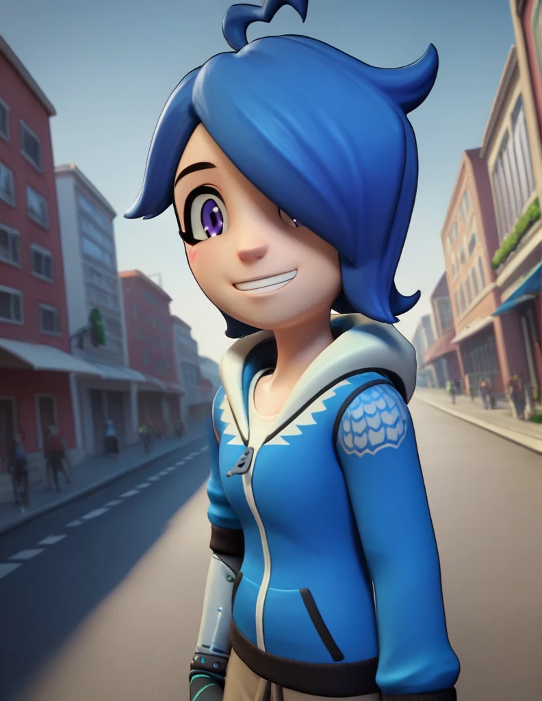 score_9, score_8_up, score_7_up, source_anime,
turboartificialrapidintelligence, turbo artificial rapid intelligence, blue hair,hair over one eye, purple eyes, 3d,
hood, hoodie,
outside, street, city, on side, happy,
looking at viewer, dutch angle, solo,