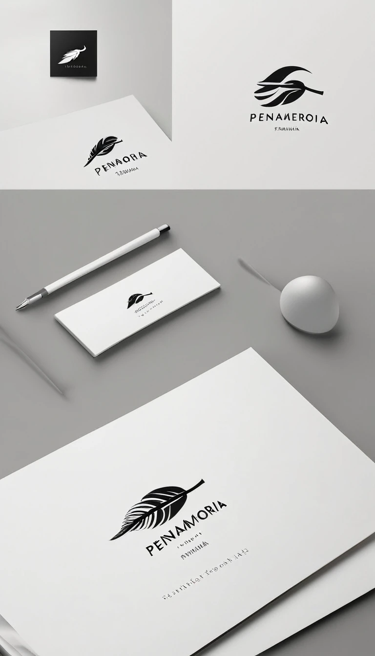 A minimal, modern, simple, cinematic logo design for the brand “Penamemoria". Create a modern, minimalistic, high-quality, logo of a memory feather. The logo must be convey a sense of dreams, stories, memories, music and imagination.
