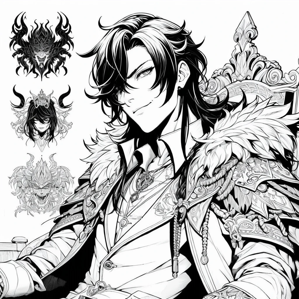 The same image as this illustration、Please draw a beautiful young man。The hair is slicked back and parted to the side。The nape of the neck is long and inappropriate, giving the smile an evil look.。Her chest is bare and she is wearing a cross motif necklace.。