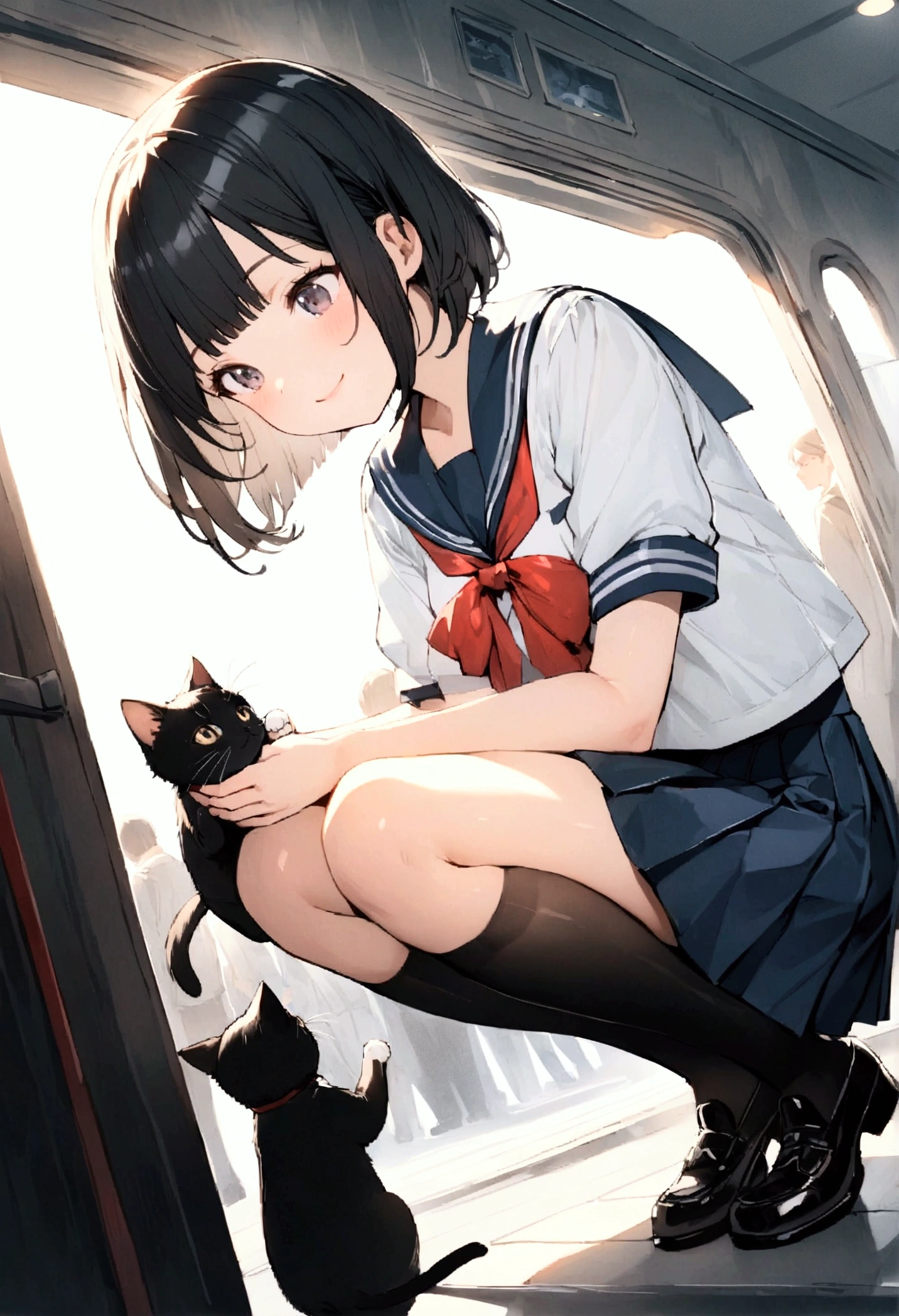 One Woman、1 kitten、crowd、Station platform、beautiful girl、Sailor suit、A gentle smile、Looking at the kitten、Pleated skirt、Hold a school bag with both hands、Age: 18、Bob Cut Hair, Highest quality, body type、Small 、Small ass、Black Hair,The train is coming、Black knee-high socks、Cowboy Shot、Ultra-fine images、Squatting down to fix shoelaces、Angle from directly below、Petting a cat、pat、Pick up a kitten