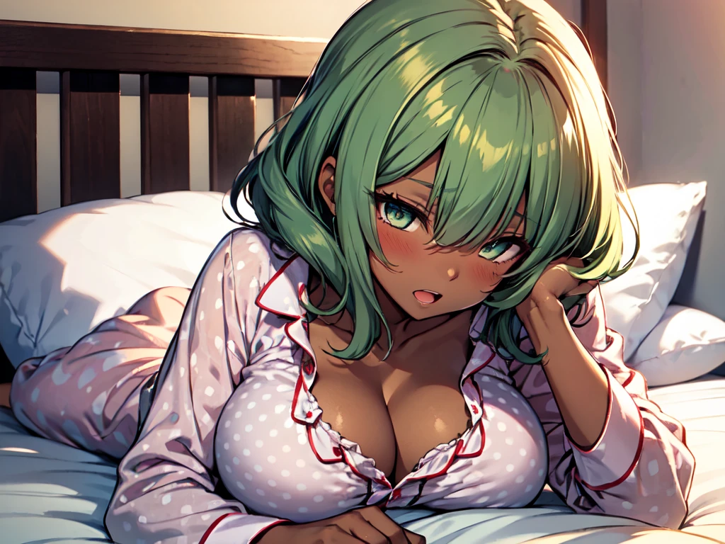 1girl, solo, indoors, on bed, lying, sleeping face, pillow, cloled eyes, half-open mouth, blush, breasts, large breasts, cleavage, yellow pajamas, Polka-dot patterned nightgown, medium hair, lime green hair, dark skin,
