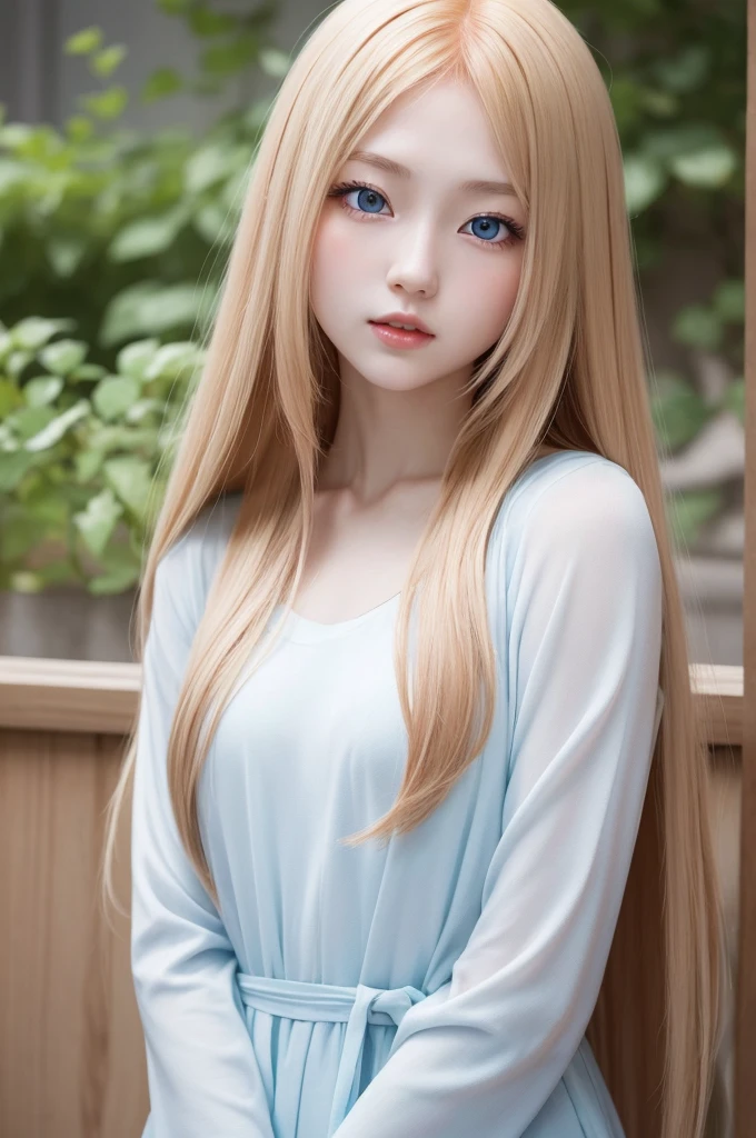 Generate the image of a Japanese girl, with "Strawberry blonde" hair, long straight hair, light blue eyes, extremely pale skin and naturally red lips. 
