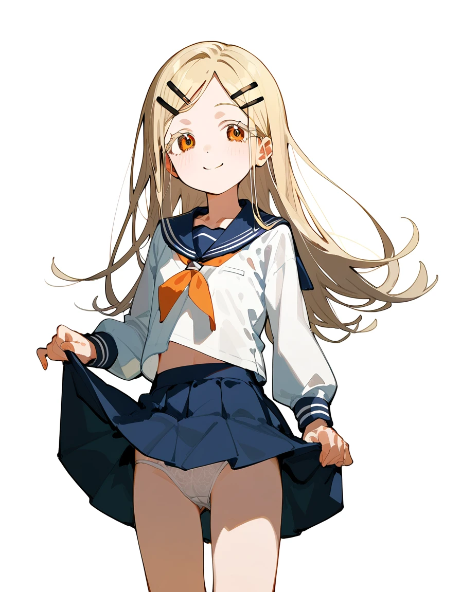 Highest quality, masterpiece, No correction, Beark 1 dhibi girl,shinosawa hiro,thin,Orange eyes,White eyelashes,Blonde,Long Hair,Hair Clip,cros hair clip,flat chest,white background,mini skkirt,lift skirt,smile,blue sailor collar,sailor shirt