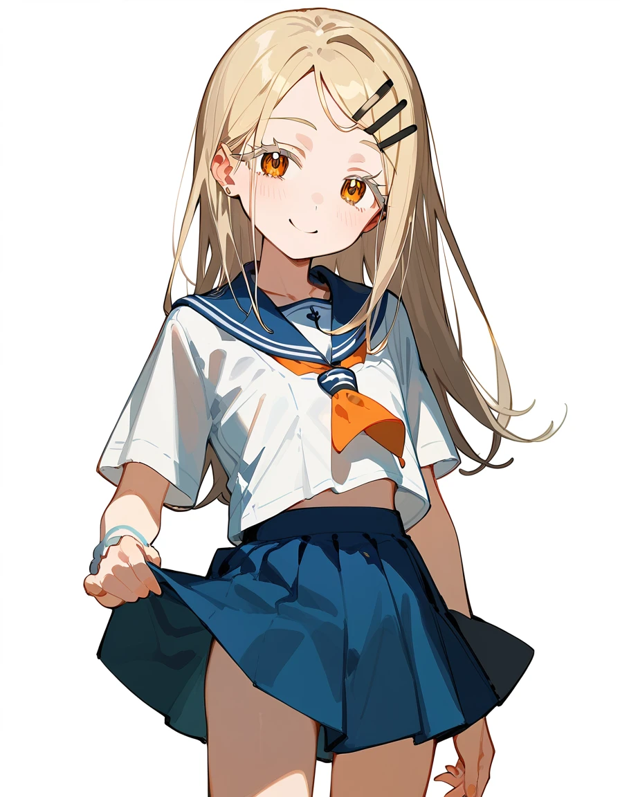 Highest quality, masterpiece, No correction, Beark 1 dhibi girl,shinosawa hiro,thin,Orange eyes,White eyelashes,Blonde,Long Hair,Hair Clip,cros hair clip,flat chest,white background,mini skkirt,lift skirt,smile,blue sailor collar,sailor shirt