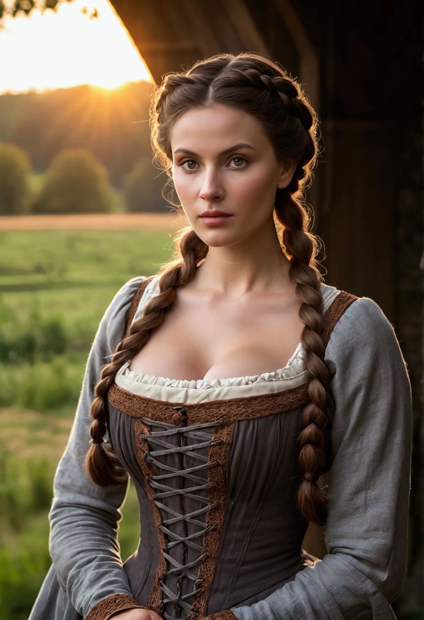 Gorgeous and sultry busty athletic (thin) brunette peasant with sharp facial features wearing a modest updo, medieval hair cover, rough-spun grey and brown medieval peasant dress, long sleeves, wide neck, long dress, tight bodice, corset, Middle Ages, cottage, farm, exterior, trees, countryside, evening, sunset. large breasts. (Crown braid, updo)