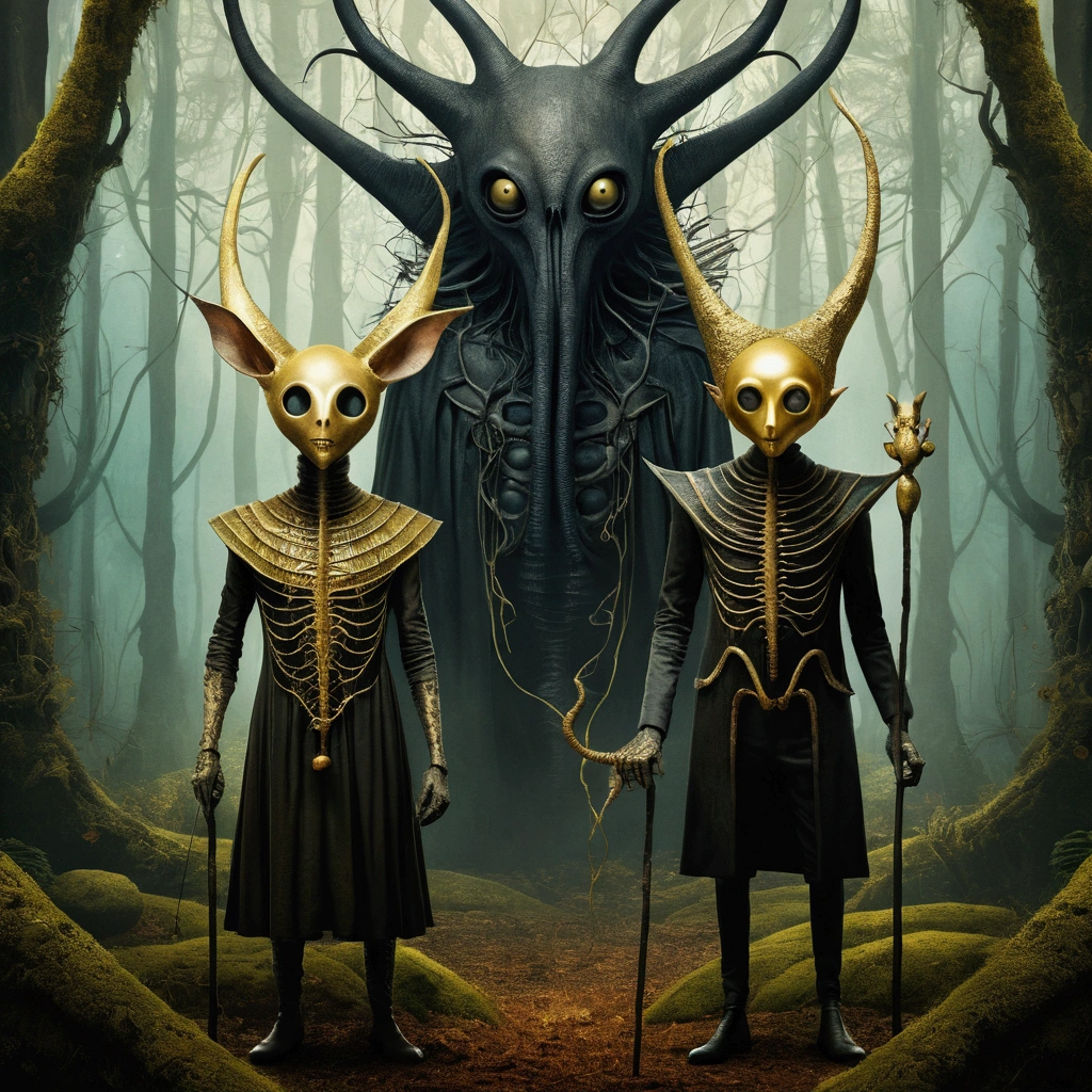 In a fantasy forest, two Whimsical characters, with humorous expressions, in the style of Tim Burton, Hieronymus Bosch and H.R. Giger. Macabre humour, movie poster with the golden ratio composition