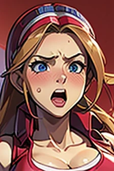 (masterpiece), Best quality, expressive eyes, perfect face, a high resolution, (8 K), (perfect face), (Ultra Details), 1 girl, One, Terry Bogard's girlfriend, blonde hair, Ponytail, Blue eyes, long hair, baseball cap, fingerless gloves, denim shorts, shoes, hands on chest
, blushing, frightened, excruciating, with open mouth, room background, No posing, standing, portrait, Looking down