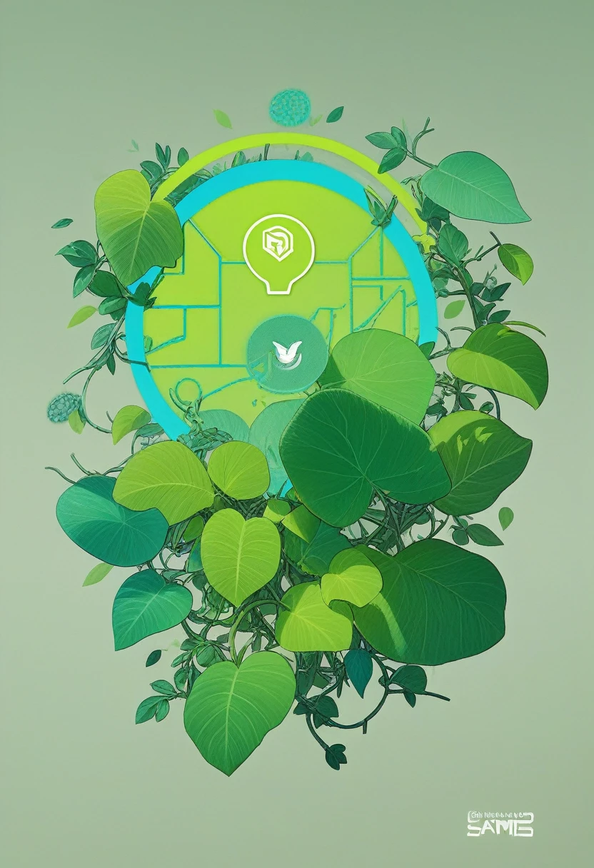 (alien logo), leaf hemp background, 3D Blender render, vibrant green color tones, high contrast, cool tone, futuristic atmosphere, intricate details, sci-fi elements, organic textures, ultra-detailed, HD,