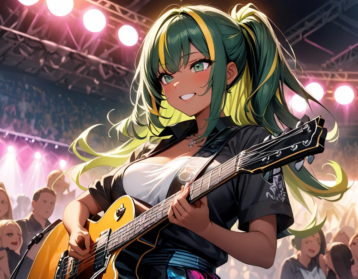 (highest quality:1.2, Very detailed, up to date, Vibrant, Ultra-high resolution, High Contrast, masterpiece:1.2, highest quality, Best aesthetics), Portraiture、girl、singer、stage、performance、Rock Music、Bright colors、Beautiful fine details、Beautiful lip detail、long hair、ponytail, white and yellow green ((streaked hair:1.6)), highlights hair: 1.5, middium breast, (tan skin:1.1), Music band、Cheerful pose、Concert Light、Edgy Style、black Skirt-style-bikini、loose fit, Dynamic Movement、hypnotic sounds、Stadium、amplifier、Loud music、Electric guiter、((blue Gibson Les-Paul:1)), mike stand, Powerful vocals、Passionate performance、Sparkling stage、Concert atmosphere、Music Festival、Full of emotion、Rock star attitude、Resolute expression、Avid Fan、The presence of an attractive stage、 Expressive gestures、Rock star aura、An exciting atmosphere、Sing with all your heart、An unforgettable show。