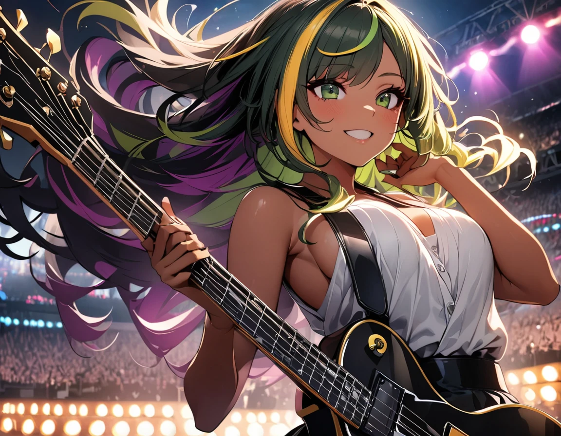 (highest quality:1.2, Very detailed, up to date, Vibrant, Ultra-high resolution, High Contrast, masterpiece:1.2, highest quality, Best aesthetics), Portraiture、girl、singer、stage、performance、Rock Music、Bright colors、Beautiful fine details、Beautiful lip detail、long hair、ponytail, white and yellow green ((streaked hair:1.6)), highlights hair: 1.5, middium breast, (tan skin:1.1), Music band、Cheerful pose、Concert Light、Edgy Style、(black Skirt-style-bikini:1)、loose fit, Dynamic Movement、hypnotic sounds、Stadium、amplifier、Loud music、Electric guiter、Gibson Les-Paul special, mike stand, Powerful vocals、Passionate performance、Sparkling stage、Concert atmosphere、Music Festival、Full of emotion、Rock star attitude、Resolute expression、Avid Fan、The presence of an attractive stage、 Expressive gestures、Rock star aura、An exciting atmosphere、Sing with all your heart、An unforgettable show, (upper body)
