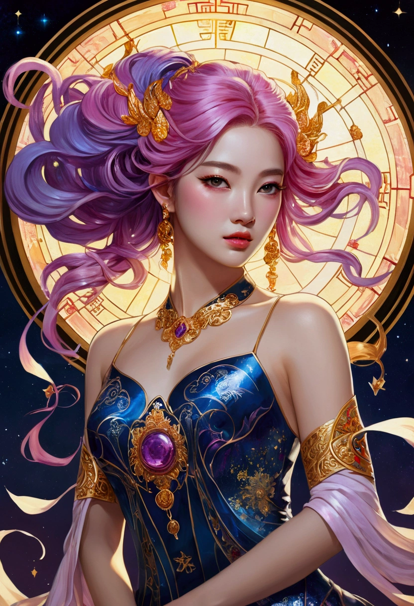 girl, Pink Hair ,Purple eyes, Traditional Chinese Ink Painting( Absurd , high quality , Super detailed, Watch your hands )Zodiac sign - Goddess of Sagittarius , Similar to the goodness of Latin . Optimistic, fair, Funny and intelligent face . recklessness, Ruthless, impatient, Overconfident style . Dark blue eyes (Eye details) , Sparkling deep blue hair , Transparent dress , In the sea of shining stars , whole body , Nature of fire , God Chiron(masterpiece, Highest quality, Highest quality,Official Art, beautifully、Super Gold Hairstyle、aesthetic:1.2),(One girl:1.3), One girl BREAK stained glass art, Colored Glass, Lead wire, Light transmission BREAK Vivid colors, Intricate Design, Glowing effect, Spiritual atmosphere、Background abstract korean strip dancer