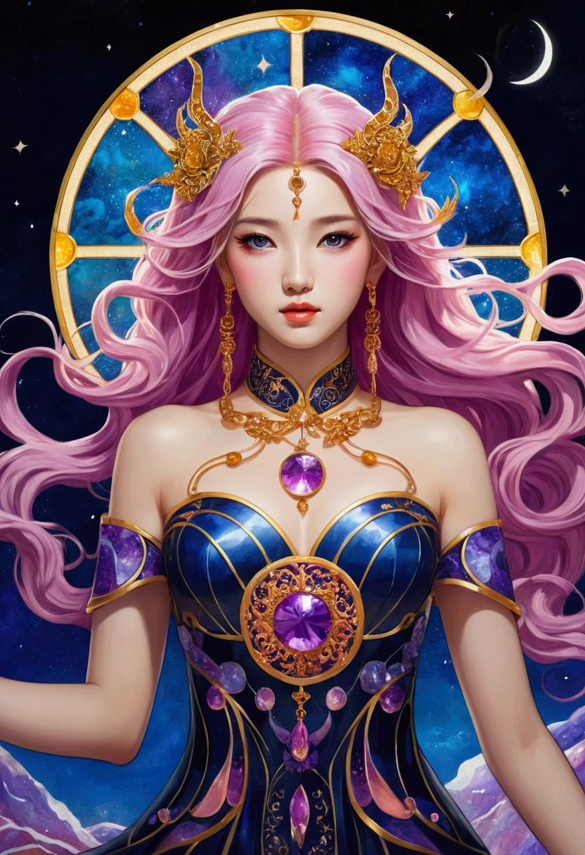 girl, Pink Hair ,Purple eyes, Traditional Chinese Ink Painting( Absurd , high quality , Super detailed, Watch your hands )Zodiac sign - Goddess of Sagittarius , Similar to the goodness of Latin . Optimistic, fair, Funny and intelligent face . recklessness, Ruthless, impatient, Overconfident style . Dark blue eyes (Eye details) , Sparkling deep blue hair , Transparent dress , In the sea of shining stars , whole body , Nature of fire , God Chiron(masterpiece, Highest quality, Highest quality,Official Art, beautifully、Super Gold Hairstyle、aesthetic:1.2),(One girl:1.3), One girl BREAK stained glass art, Colored Glass, Lead wire, Light transmission BREAK Vivid colors, Intricate Design, Glowing effect, Spiritual atmosphere、Background abstract korean strip dancer