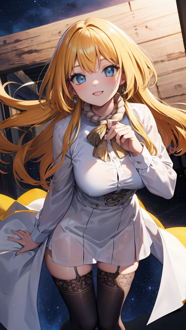  ruri, rope around neck, 
BREAK (thighhighs, white shirt:1.2),
BREAK  leaning forward, looking at viewer, smile, 
BREAK night sky,
BREAK (masterpiece:1.2), best quality, high resolution, unity 8k wallpaper, (illustration:0.8), (beautiful detailed eyes:1.6), extremely detailed face, perfect lighting, extremely detailed CG, (perfect hands, perfect anatomy),