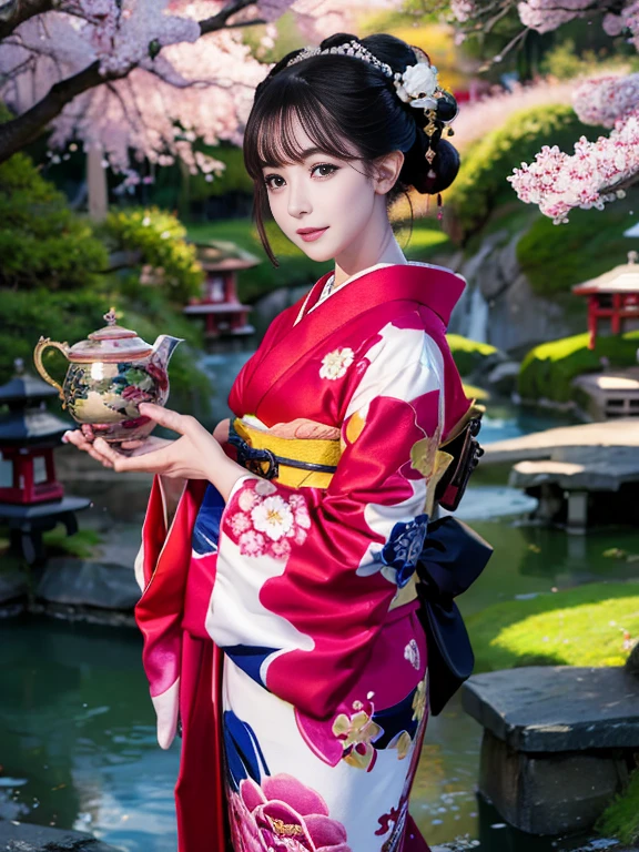 (Highest quality、 8k 、masterpiece、High resolution)、 Japanese painting、Vibrant colors、Detailed Description、A woman wearing a kimono、Dynamic painting technique,、Colorful peonies、Japanese garden、cherry blossoms、Official Art、