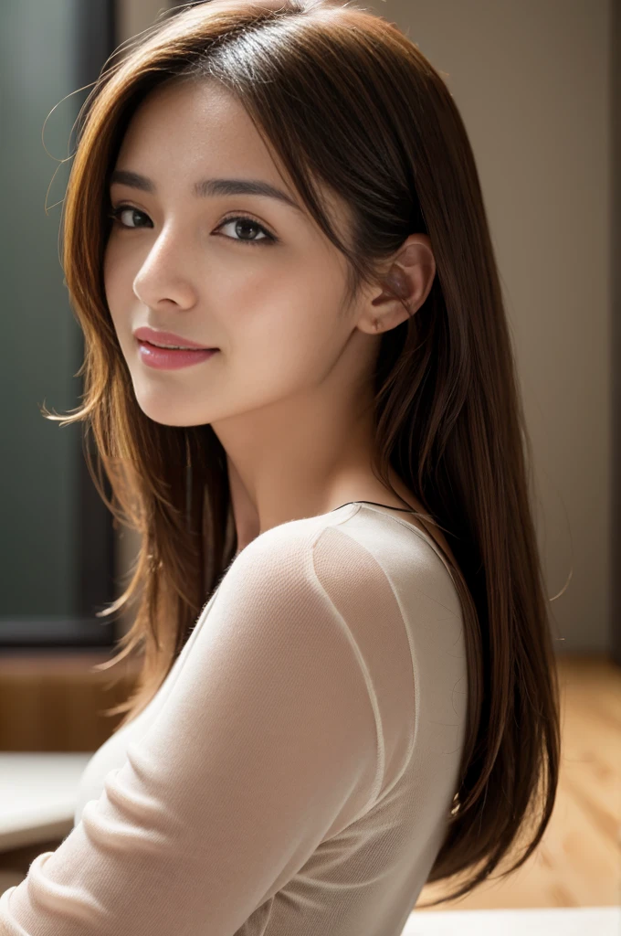 On the table, best quality, Practical, Very detailed, Finely, high resolution, 8k wallpaper, A beautiful woman,, Long light brown messy hair, He was wearing a black see-through open-neck shirt...., Clear focus, Perfect dynamic composition, Exquisite and detailed, Thinning hair, Detailed Practical skin texture, Smile, Close-up portrait, Model body type、president'secretary、mini skirt、High heel、whole body、Set