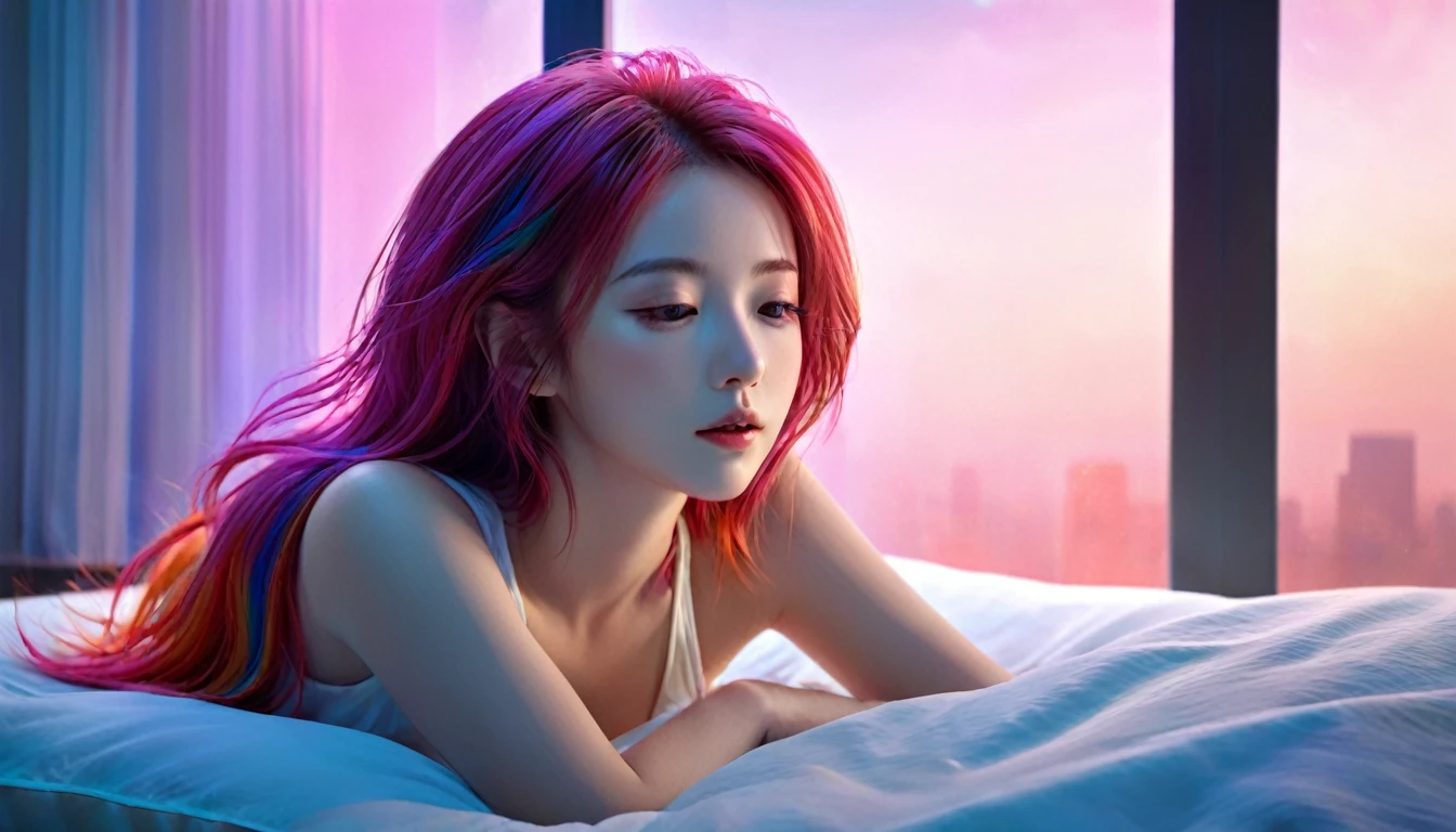 (best quality,8ก,Very detailed:1.2),(CG,CG art,3D rendering),(Masterpiece:1.2),(Crawling on the table),(sexy clotheovie light,of the future),(woman lying in bed,sleep,Close your eyes),(A large window behind her,A quiet night.),(colorful hair:1.5)