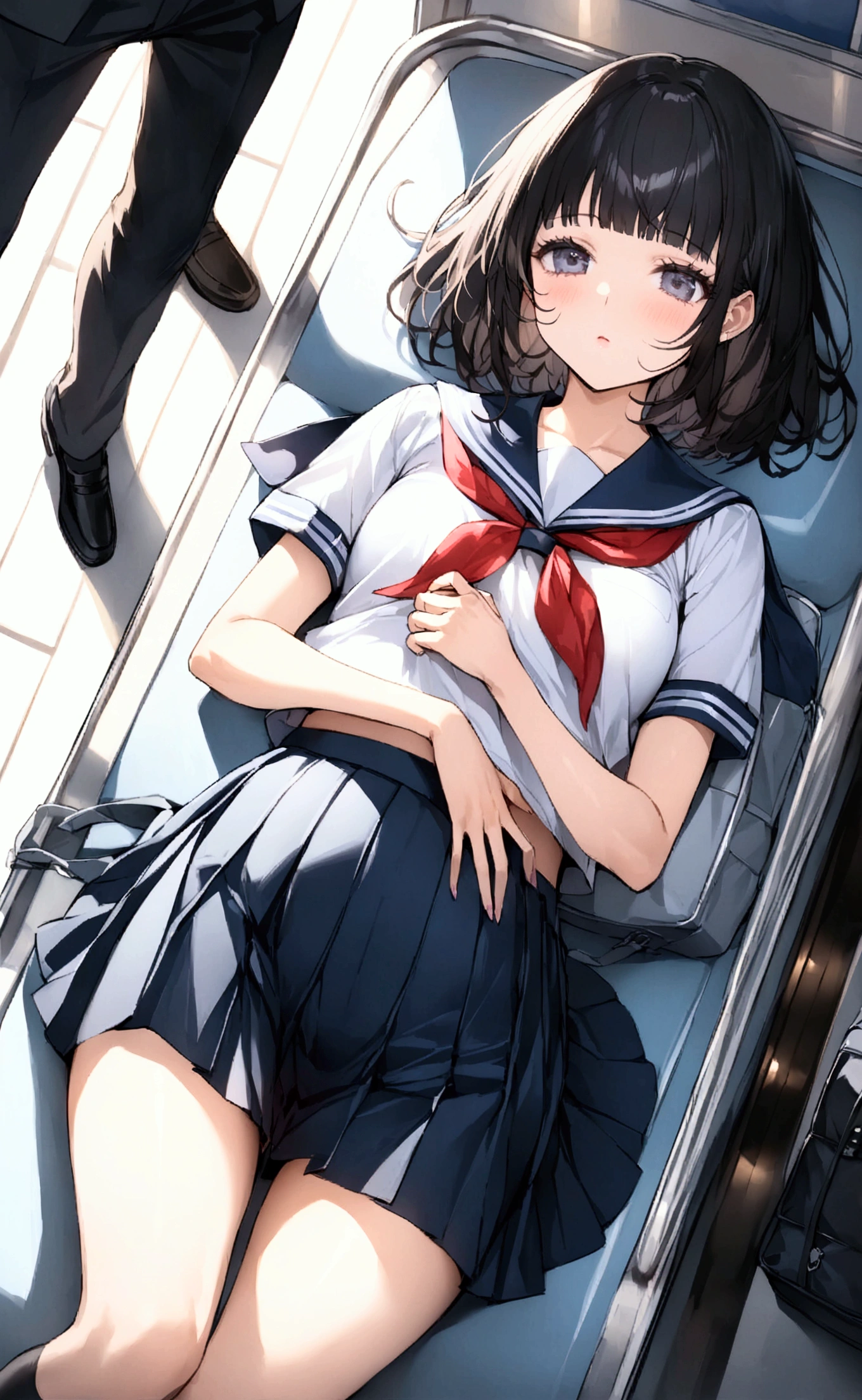 One Woman、crowd、Station platform、beautiful girl、Sailor suit、Pleated skirt、Hold a school bag with both hands、Age: 18、Bob Cut Hair, Highest quality, body type、Small 、Small ass、Black Hair,The train is coming、Black knee-high socks、Cowboy Shot、Ultra-fine images、Angle from directly above、Lying on the ground、Lie down with your legs open、Lying on your back、A man touches my crotch