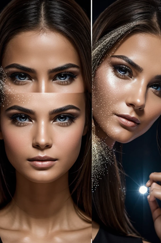 A split image. On one side, a person looking bored or indifferent. On the other side, the same person looking ecstatic and glamorous, surrounded by sparkling effects.