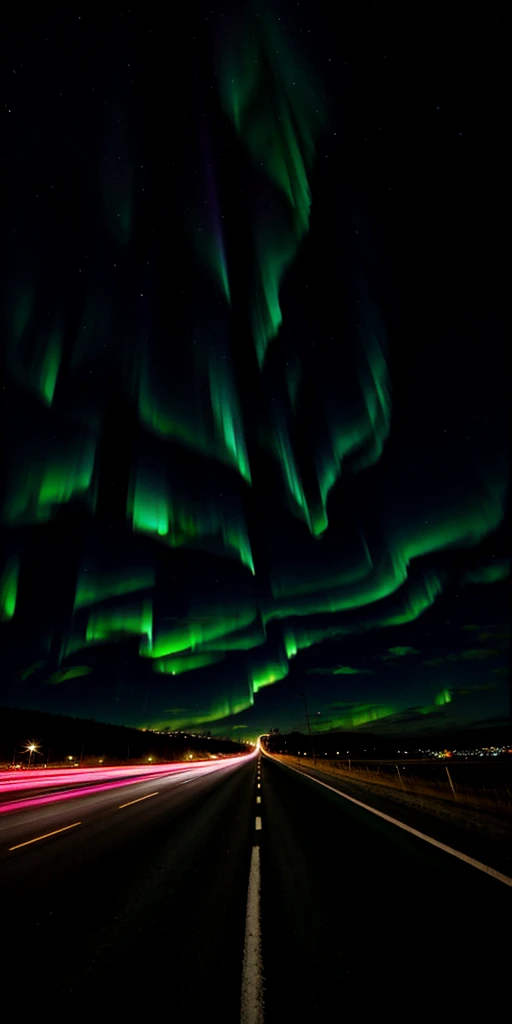 Last night I dreamed that I was speeding down the highway to the city. I could see that the sky was mostly pitch black, with only a few flashes of green aurora. There were no lights on the road, just darkness and me alone. It seemed like I was so small in the big picture. But in the distance, above the horizontal line, I could see a lot sparkling neon light dots of the city, mostly red. I felt my view was so broad because of the wide scene. A real-shot photo that is mostly pitch dark, so dark that I could only see the lights in the distance and the aurora, I could barely make out I was on highway and there was no snow by the road, the high way was straight towards the city, and the camera view was in the middle of the photo. POV with wide shot, horizontal screen.