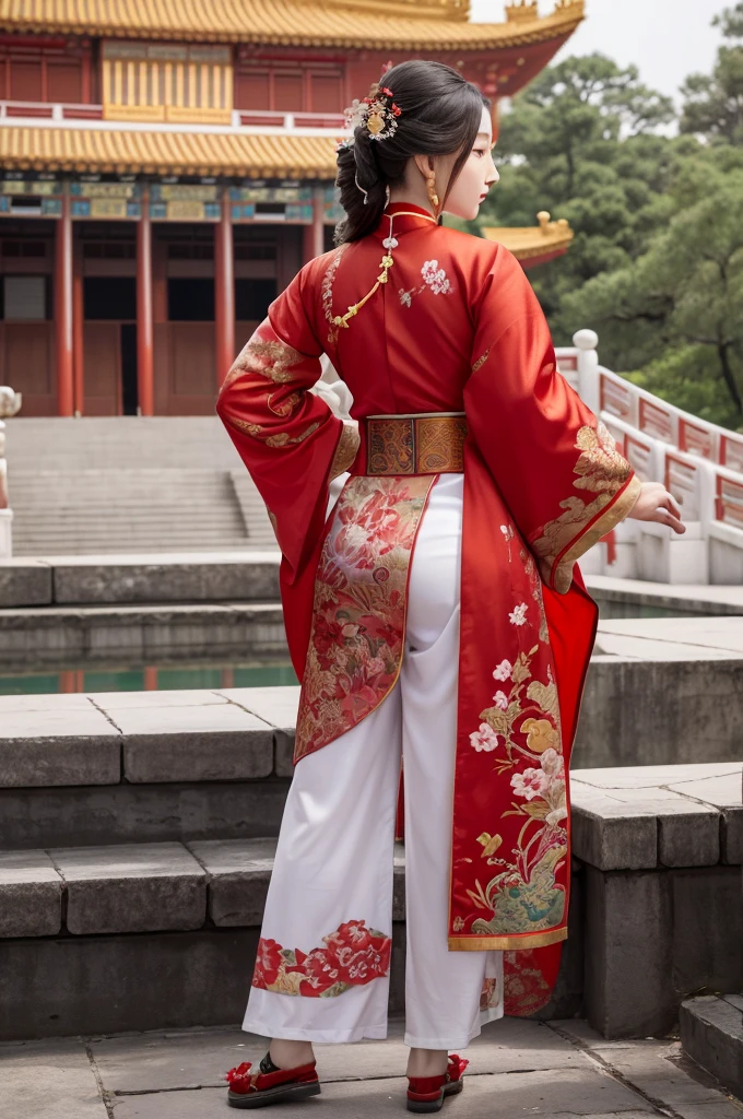 Outside a Chinese palace during the Qing Dynasty Full body woman seen from the front. At the Chinese court during the Qing Dynasty, a Manchurian with a flashy red floral pattern was worn, his pants sticking out from behind.