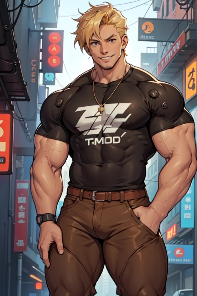 Male, ((((muscular)))) ((((thick thighs toned body)))) (caramel skin) blonde hair, beautiful brown eyes, short hair, short sleeve shirt, tight pants, cute smile, friendly aura, cyberpunk setting,