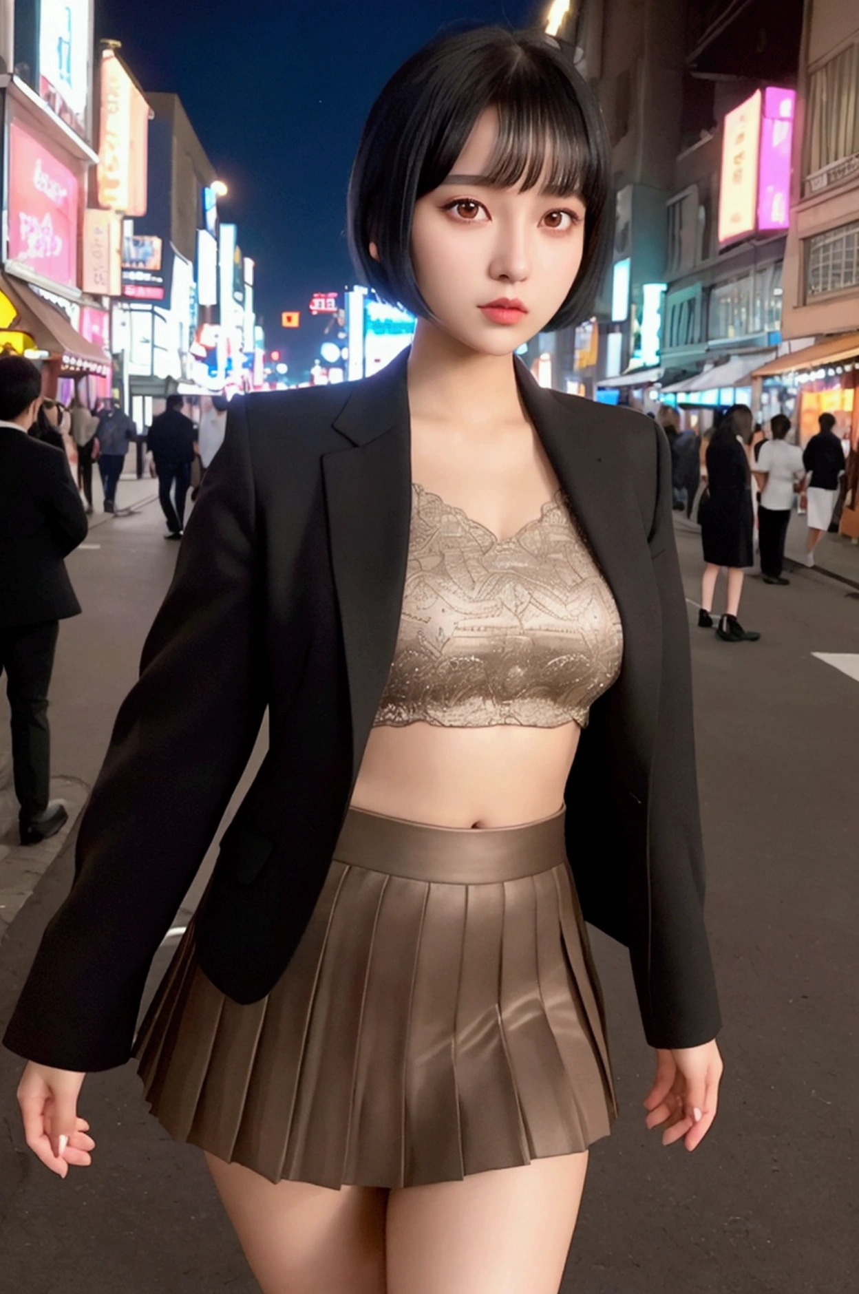 lovely young woman, short black hair, Brown eyes, Queen,pleated skirt suit,streetlight,neon lights,Bustling street background,(navel:1.1,Princess Eyes), noble, royalties, high quality, masterpiece, Very detailed