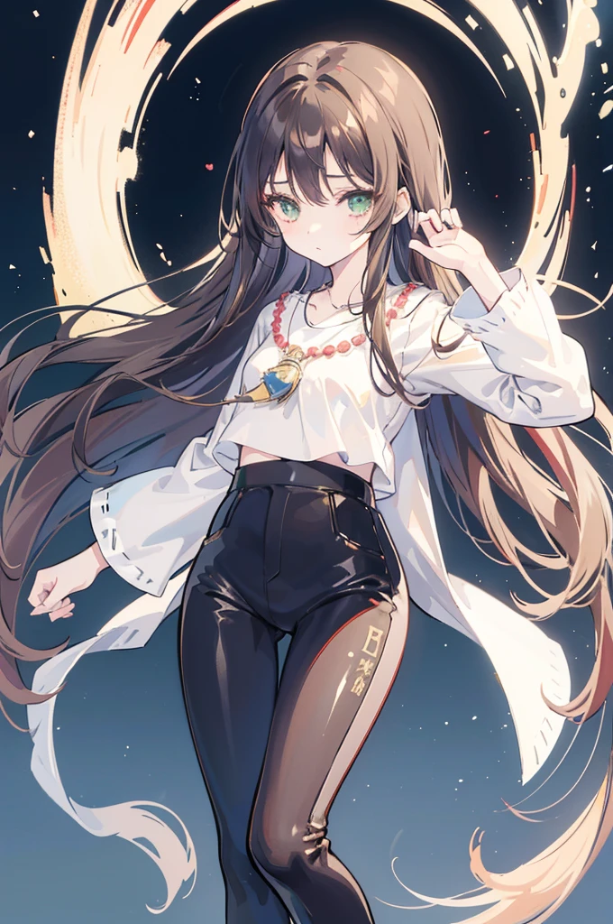 {{masterpiece}}, The best quality of life, 、Dark brown long hair、Anime Girls with brown long hair and white blouse and black pants, Cute girl anime visuals,(White blouse with flared sleeves、Black high waist skinny pants,Black pumps), Anime full body illustration, Anime Moe Art Style, Anime characters, (Anime Girls)、(Green Eyes）、Expressionless woman、Small Necklace